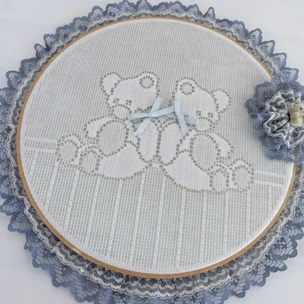 Vtg Teddy Bear Lace Hoop Wall Art Country Blue Cottagecore Kitsch Handmade 12 in